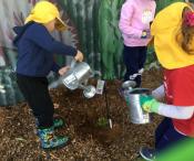 Children using water cans to water planted flowers. 