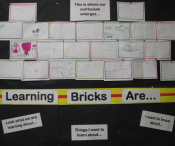 A curriculum notice board with pictures and text by children